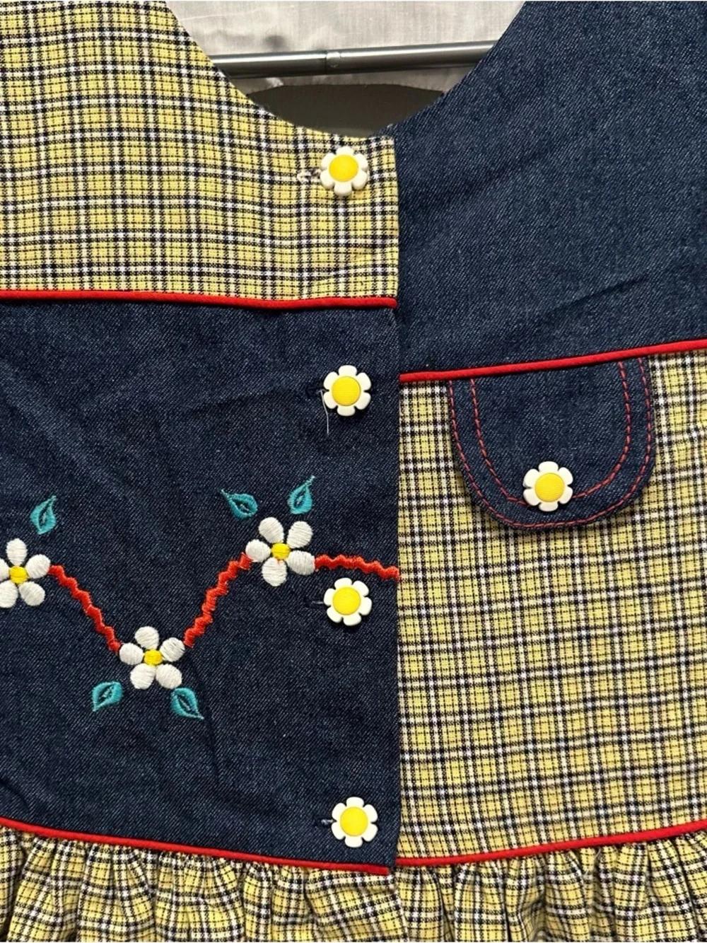 Vintage Narci Stell Sleeveless Patchwork Plaid Denim Flower Dress Girls 10